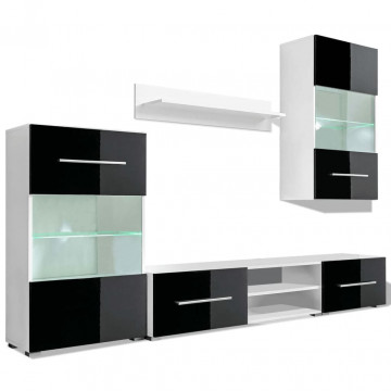 Set mobilier comodă TV de perete, 5 piese, iluminare LED, negru - Img 2