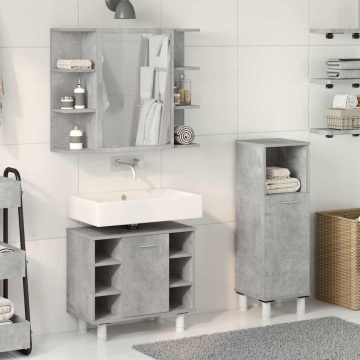 Set mobilier de baie, 3 piese, gri beton, lemn compozit - Img 3