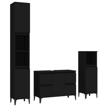 Set mobilier de baie, 3 piese, negru, lemn compozit - Img 2