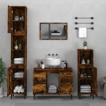 Set mobilier de baie, 3 piese, stejar fumuriu, lemn prelucrat - Img 1