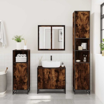 Set mobilier de baie, 3 piese, stejar fumuriu, lemn prelucrat - Img 3