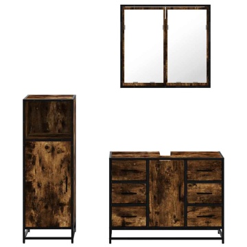 Set mobilier de baie, 3 piese, stejar fumuriu, lemn prelucrat - Img 8