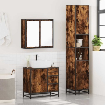 Set mobilier de baie, 3 piese, stejar fumuriu, lemn prelucrat - Img 4