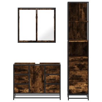 Set mobilier de baie, 3 piese, stejar fumuriu, lemn prelucrat - Img 8