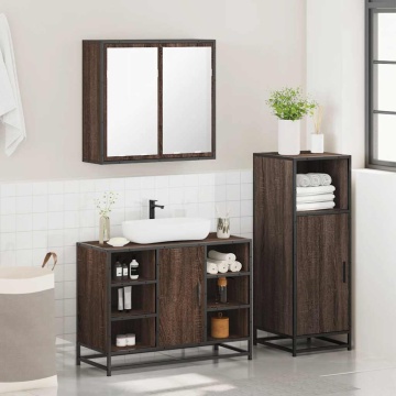 Set mobilier de baie, 3 piese, stejar maro, lemn prelucrat - Img 4