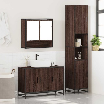 Set mobilier de baie, 3 piese, stejar maro, lemn prelucrat - Img 4