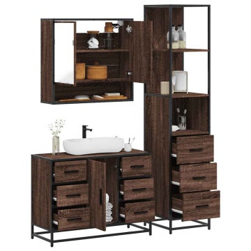 Set mobilier de baie, 3 piese, stejar maro, lemn prelucrat - Img 1