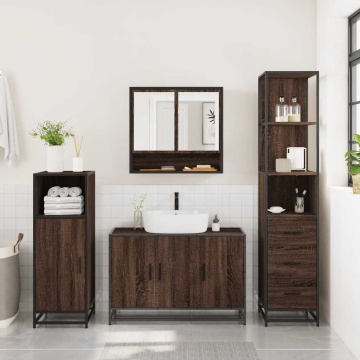 Set mobilier de baie, 3 piese, stejar maro, lemn prelucrat - Img 4