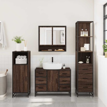 Set mobilier de baie, 3 piese, stejar maro, lemn prelucrat - Img 4
