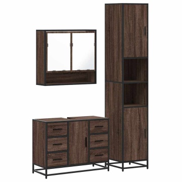 Set mobilier de baie, 3 piese, stejar maro, lemn prelucrat - Img 2