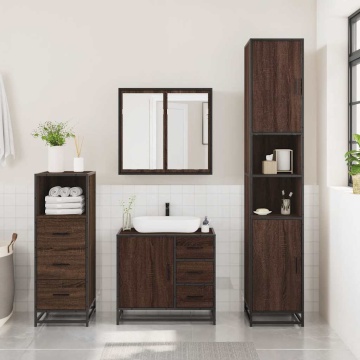 Set mobilier de baie, 3 piese, stejar maro, lemn prelucrat - Img 3