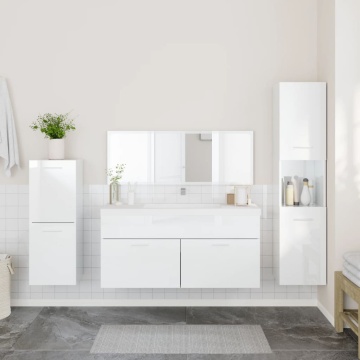 Set mobilier de baie, 4 piese, alb extralucios, lemn prelucrat - Img 3