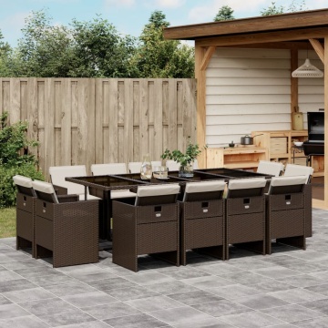 Set mobilier de grădină, 13 piese, maro, cu perne, poliratan - Img 1