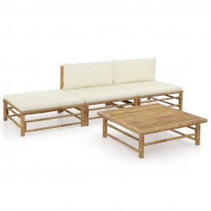 Set mobilier de grădină, 4 piese, perne alb crem, bambus - Img 1