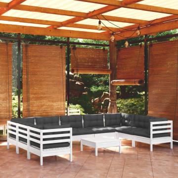 Set mobilier de grădină cu perne, 10 piese, alb, lemn masiv pin - Img 1