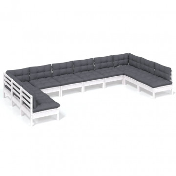 Set mobilier de grădină cu perne, 10 piese, alb lemn masiv pin - Img 2