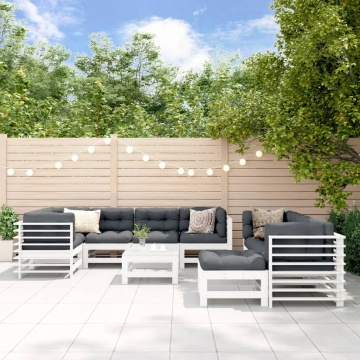 Set mobilier de grădină cu perne, 10 piese, alb, lemn masiv - Img 1