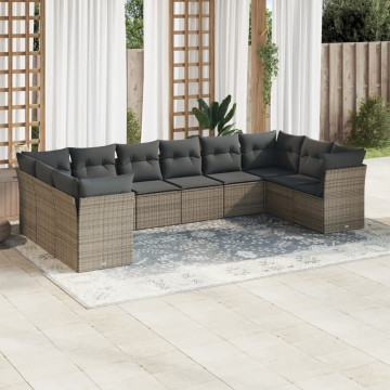 Set mobilier de grădină cu perne, 10 piese, gri, poliratan - Img 1