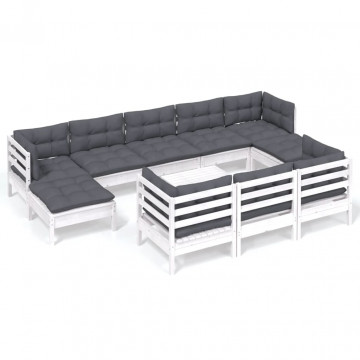 Set mobilier de grădină cu perne, 11 piese, alb lemn masiv pin - Img 2