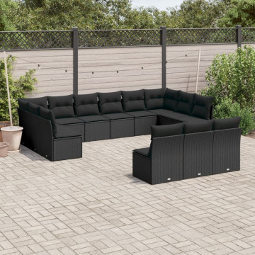 Set mobilier de grădină cu perne, 13 piese, negru, poliratan - Img 1