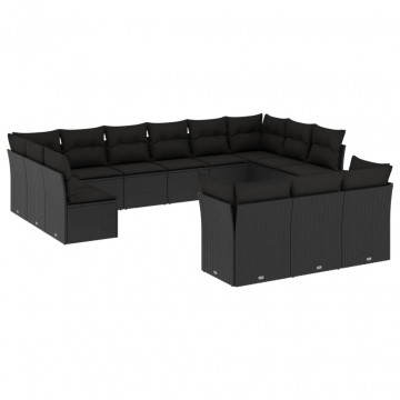Set mobilier de grădină cu perne, 13 piese, negru, poliratan - Img 2