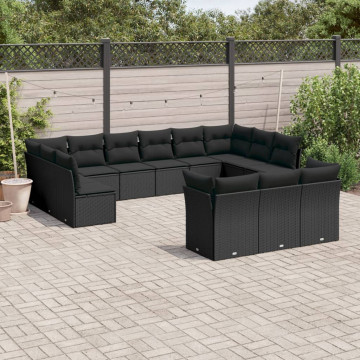 Set mobilier de grădină cu perne, 13 piese, negru, poliratan - Img 1