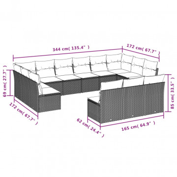 Set mobilier de grădină cu perne, 13 piese, negru, poliratan - Img 3