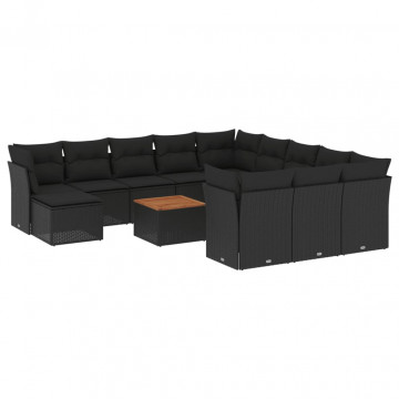 Set mobilier de grădină cu perne, 13 piese, negru, poliratan - Img 2