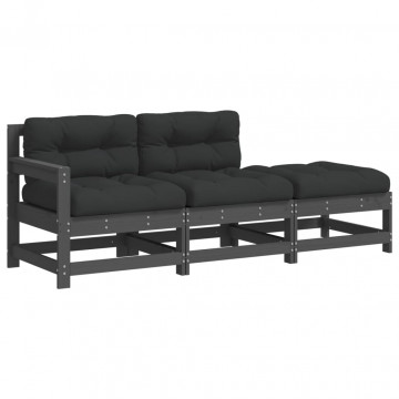 Set mobilier de grădină cu perne, 3 piese, gri, lemn masiv - Img 2