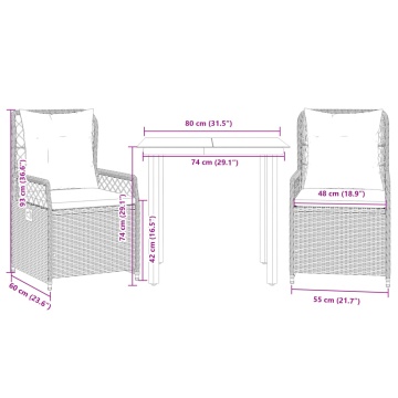 Set mobilier de grădină cu perne, 3 piese, maro, poliratan - Img 7