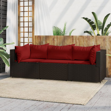 Set mobilier de grădină cu perne, 3 piese, maro, poliratan - Img 1