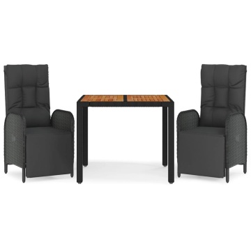 Set mobilier de grădină cu perne, 3 piese, negru, poliratan - Img 2