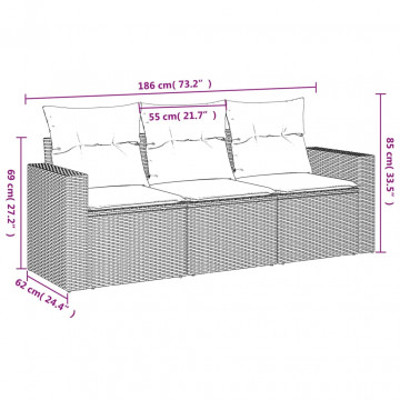 Set mobilier de grădină cu perne, 3 piese, negru, poliratan - Img 3