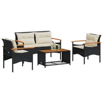 Set mobilier de grădină cu perne, 4 piese, negru, poliratan - Img 1