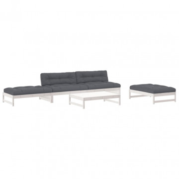 Set mobilier de grădină cu perne, 5 piese, alb, lemn masiv - Img 2