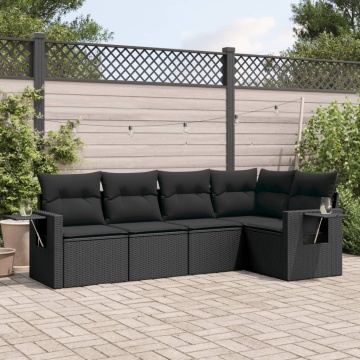 Set mobilier de grădină cu perne, 5 piese, negru, poliratan - Img 1