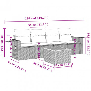 Set mobilier de grădină cu perne, 5 piese, negru, poliratan - Img 7