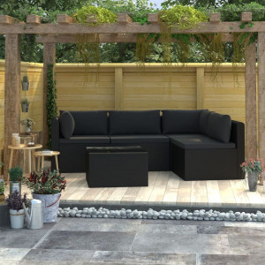 Set mobilier de grădină cu perne, 5 piese, negru, poliratan - Img 1