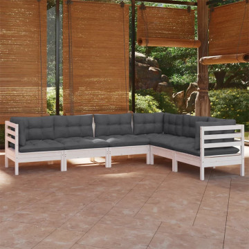 Set mobilier de grădină cu perne, 6 piese, alb, lemn masiv pin - Img 1