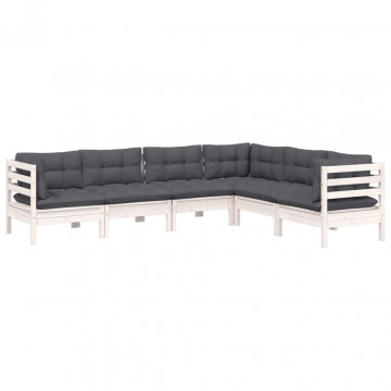Set mobilier de grădină cu perne, 6 piese, alb, lemn masiv pin - Img 3