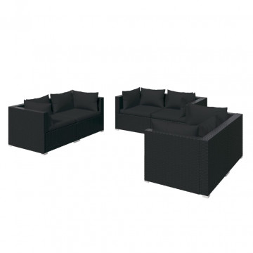 Set mobilier de grădină cu perne, 6 piese, negru, poliratan - Img 2