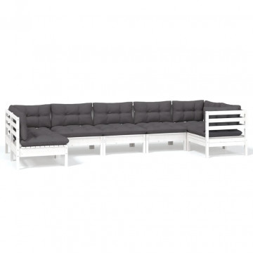 Set mobilier de grădină cu perne, 7 piese, alb, lemn de pin - Img 2