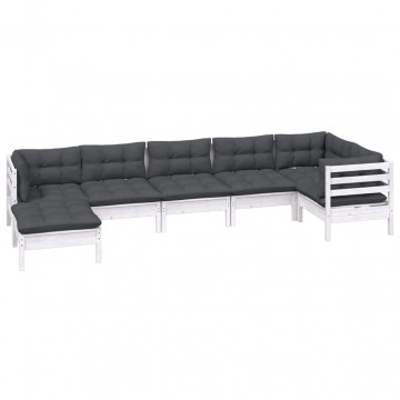 Set mobilier de grădină cu perne, 7 piese, alb, lemn masiv pin - Img 3