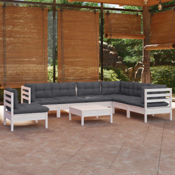Set mobilier de grădină cu perne, 8 piese, alb, lemn masiv pin - Img 1