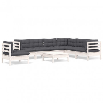 Set mobilier de grădină cu perne, 8 piese, alb, lemn masiv pin - Img 2