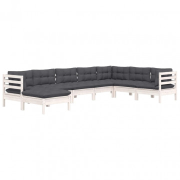 Set mobilier de grădină cu perne, 8 piese, alb, lemn masiv pin - Img 3