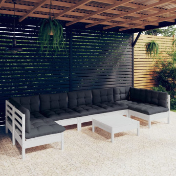 Set mobilier de grădină cu perne, 8 piese, alb, lemn masiv pin - Img 1