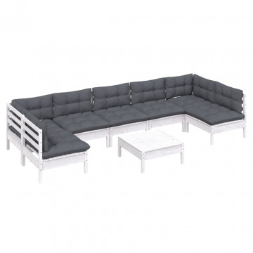 Set mobilier de grădină cu perne, 8 piese, alb, lemn masiv pin - Img 3