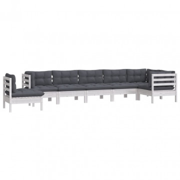 Set mobilier de grădină cu perne, 8 piese, alb, lemn masiv pin - Img 3