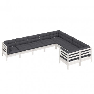 Set mobilier de grădină cu perne, 9 piese, alb, lemn de pin - Img 3